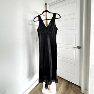 Y2K‎ Vintage Black Satin Slip V Neck Coquette Dress Lace Trim L Elena Gilbert